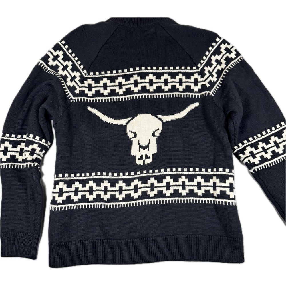 Lucky Brand Sweater Mens L Black Southwestern Bull Skull Full Zip Western